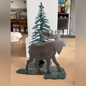 Rustic Metal Moose and Pine Tree Candle Holder